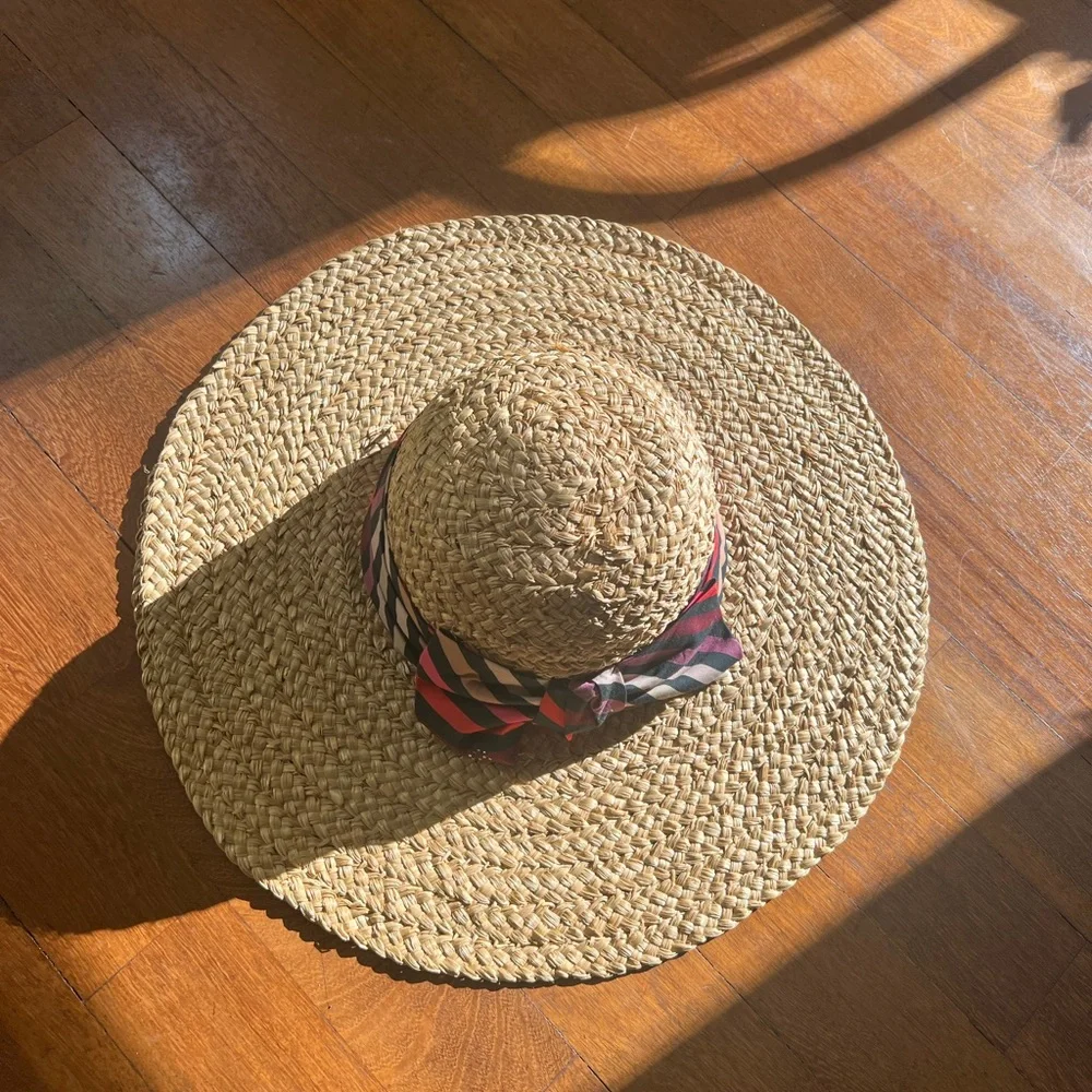 Sonia Rykiel straw hat with stripe bow *flaw* tan beige multicolor vintage y2k